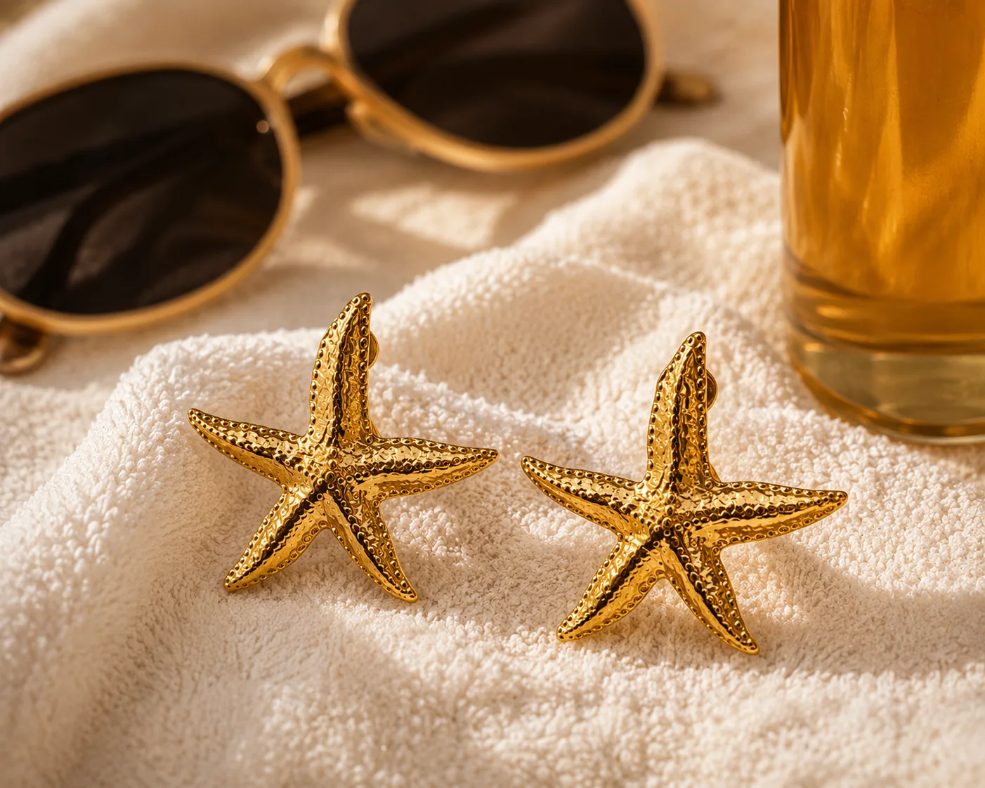 Boucles Sirena étoile de mer dorées posées sur une serviette de plage en éponge écrue, lunettes dorées et verre de limonade à proximité, lumière de fin d'après-midi
