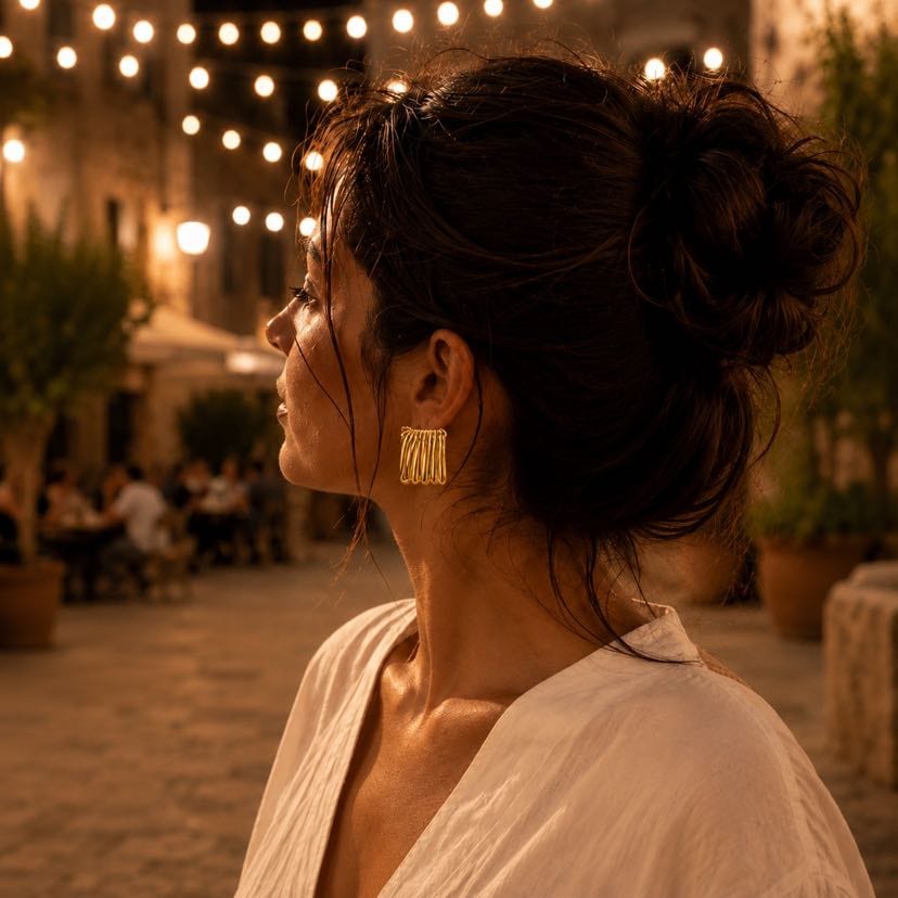 Profil féminin de soir, chignon flou et mèches au vent, boucle Duna à l'oreille, guirlandes lumineuses au-dessus d'une piazza italienne en pierre