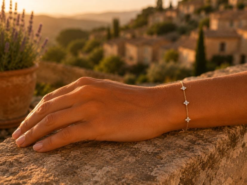 Bracelet Lueur présenté en plan rapproché plat, fermoir mousqueton or rose visible avec chaînette de rallonge, trois losanges pavés équidistants