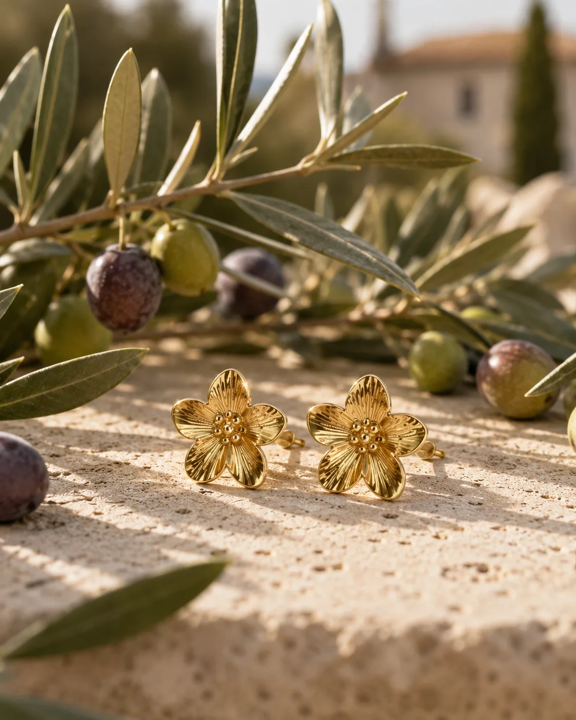 Boucles Estrella posées sur un bloc de travertin crème, branche d'olivier avec olives vertes et noires en arrière-plan, village méditerranéen flou à l'horizon, lumière dorée de fin d'après-midi