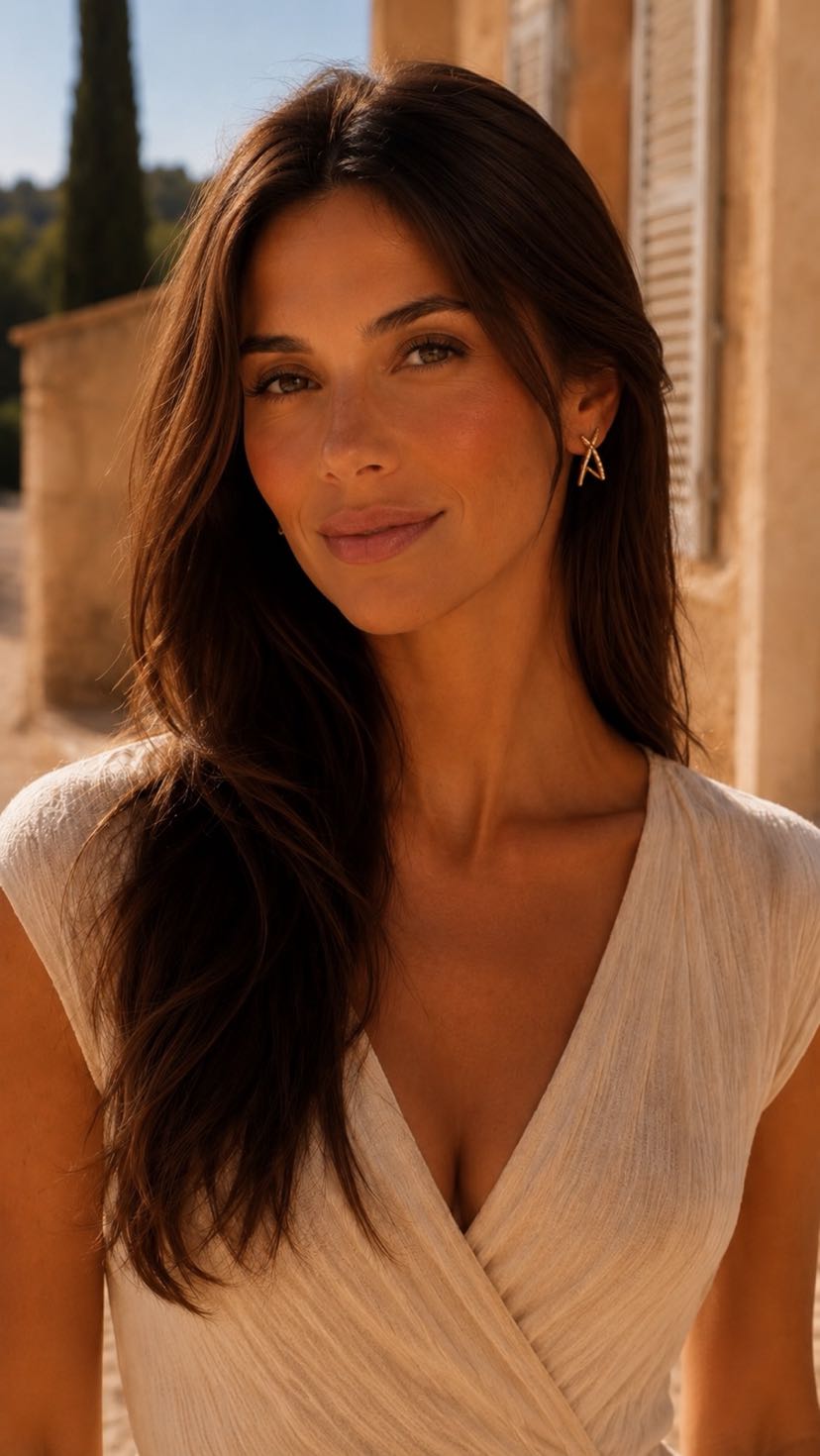 Portrait brune golden hour, cheveux longs ondulés, peau dorée, robe drapée crème en coton, regard intense, cyprès et façade provençale ocre en arrière-plan, boucle Divina visible à l'oreille